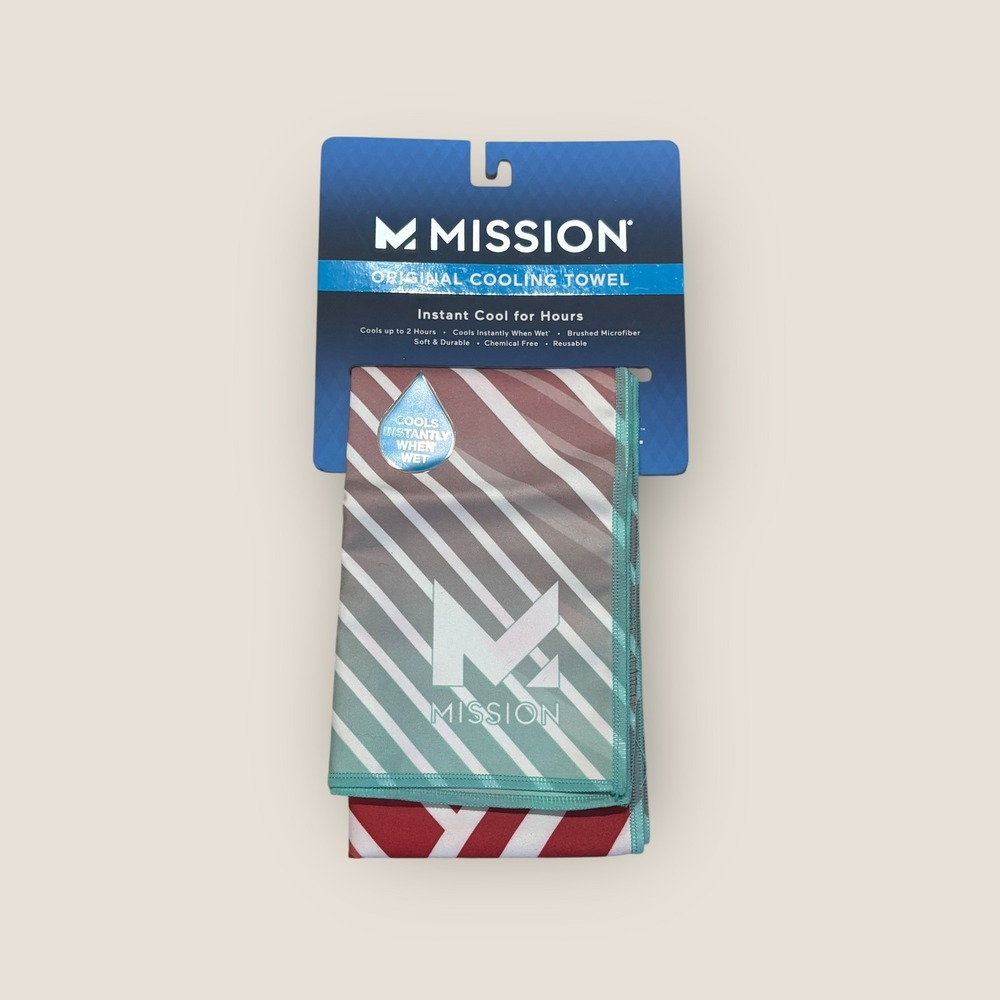 MISSION Original Cooling Towel Red White Teal Stripe 10"x33" Instant Cool